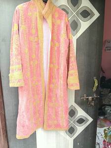 Pink Cotton Velvet Embroidered <b>Kimono</b> Robe With Golden Floral Threadwork Full Sleeves For <b>Women</b> Sculptures Decorative Accents - Product Image 1