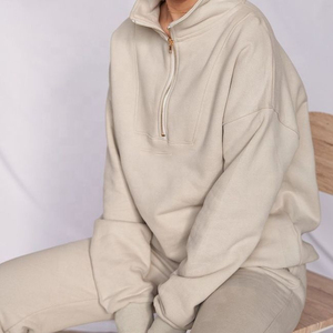 <b>Women's</b> Oversized Hooded <b>Quarter</b> <b>Zip</b> Knitted <b>Sweatshirt</b> Solid Gray Regular Fit Breathable Eco-Friendly Winter Front Logo - Product Image 2