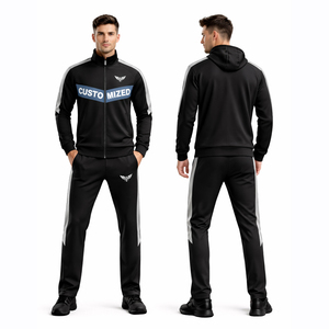 ชุดวอร์มผู้ชายแบบกำหนดเอง เสื้อแจ็คเก็ตซิปสีดำและกางเกงจ็อกเกอร์ทรงเข้ารูป ชุดกีฬา ชุดออกกำลังกาย ชุดลำลอง สตรีทแวร์ รับทำโลโก้ OEM - Product Image 1