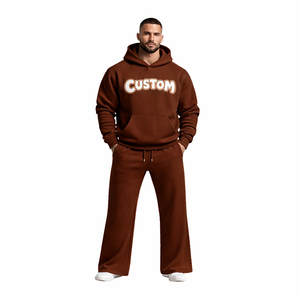 Conjunto Deportivo Personalizado con Logotipo para Hombre, Sudadera con Capucha Marrón, Pantalones Deportivos de Felpa de Algodón, Ropa Deportiva de Invierno para Gimnasio, Conjunto de Dos Piezas - Product Image 2