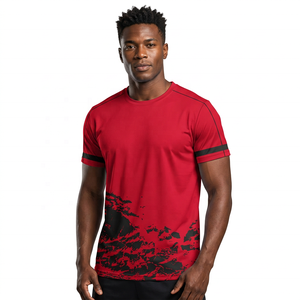 T-shirt rouge à manches courtes et col rond pour homme avec imprimé abstrait noir, séchage rapide, jersey sportif, coupe classique, impression par sublimation - Product Image 3