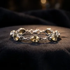 Vintage 925 Silver Bracelet With Water Drop Citrine Bezel Setting <b>Chain</b> Link Women's Everyday Wear Jewelry - Product Image 4