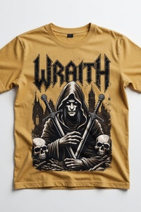 Camiseta Gráfica Personalizada al por Mayor para Hombre, Diseño Wraith, Amarillo Mostaza, Manga Corta, Cuello Redondo, Estilo Fantasía, Arte Oscuro, Guerrero con Capucha, Calavera y Espada - Product Image 6
