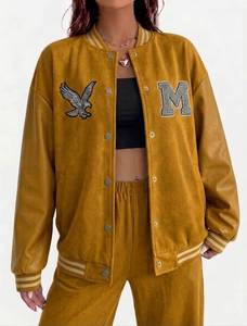 Wholesale <b>Womens</b> Varsity Jacket Oversized Streetwear Cotton <b>Fleece</b> Custom Patches for Retail Brands Bulk - Product Image 3
