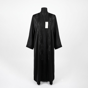 Abaya noire en satin pour femme, col montant, manches longues, longueur ras du sol, robe modeste, couleur unie, toutes saisons, tissu tissé - Product Image 3