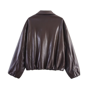 Blouson en simili cuir pour femme, col rabattu, manches longues, fermeture éclair, longueur courte, style automne - Product Image 2