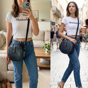 Bolso bandolera redondo de cuero genuino negro para mujer – Bolso de hombro circular ligero con cierre de cremallera - Product Image 5