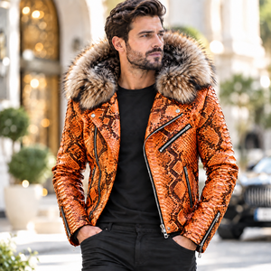 Chaqueta de cuero PU con estampado animal naranja para hombre, con cuello de piel, cremallera, estilo motociclista, gruesa, para invierno - Product Image 3