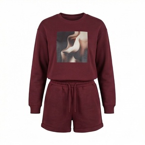 Women's 2 Piece Fleece Sweatshirt and Shorts Set Crew Neck Full Sleeve Printed Casual Above Knee Loose Fit <b>Maroon</b> Color - Product Image 1