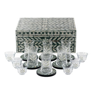 Luxury Black Mother of Pearl Inlaid <b>Tea</b> Glass and Coaster Set with Storage <b>Box</b> for Ramadan Eid Gifts Wholesale - Product Image 1