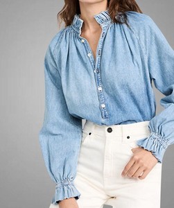 Blusa de Mezclilla Azul para Mujer, Manga Larga Abullonada, Cuello en V, Botones, Corte Holgado, Informal, Color Sólido, Detalle de Volantes, Manga Larga - Product Image 4