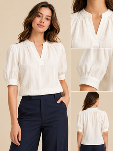 Blusa Blanca de Algodón para Mujer con Cuello Peter Pan, Mangas Abullonadas, Corte Holgado, Estilo Dulce Casual para Primavera/Verano - Product Image 3