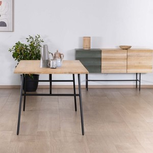 Vandana Ivory Volume <b>dining</b> <b>table</b> in a minimalist Japanese style with a wooden <b>top</b> and metal legs - Product Image 5