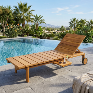 Chaise longue réglable en teck massif avec roulettes, design moderne, coussins résistants aux UV inclus, mobilier de patio pour piscine et resort - Product Image 1