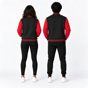 Unisex <b>Black</b> <b>Red</b> <b>Varsity</b> <b>Jacket</b> Solid Color Button Closure Regular Fit Polyester Cotton Outerwear Autumn Wear - Product Image 4