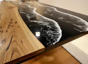 Mesa de Comedor de Resina Epoxi con Diseño de Olas Oceánicas Negras de Lujo, Madera Sólida con Borde Natural, Mueble Moderno para Conferencias - Product Image 2