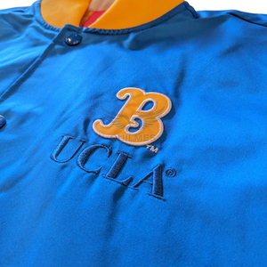   เสื้อแจ็คเก็ตเบสบอลผ้าซาตินสีน้ำเงินสำหรับผู้ชาย พร้อมโลโก้ปักและขอบสีเหลือง แขนยาว ทรงปกติ ใส่ได้ทุกฤดู - Product Image 3