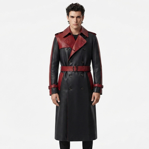 <b>Men</b> Button Leather Breasted Trench <b>Coat</b> 100% PU Leather Turn-Down-Collar Leather <b>Long</b> <b>Coat</b> <b>Mens</b> Leather Overcoat With Waist Belt - Product Image 6