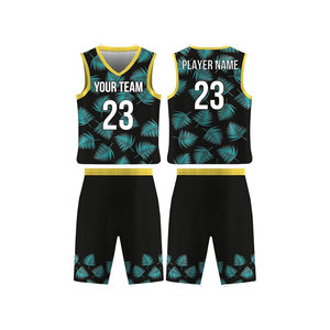 Ensemble de maillots de basket personnalisés, col en V, sans manches, impression sublimée, noir, feuilles turquoise, unisexe, adulte, évacuation de l'humidité - Product Image 1