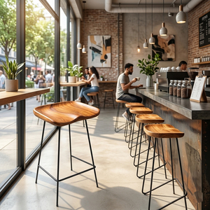 Tabouret de bar artisanal moderne et contemporain en bois de Suar massif, sans dossier, avec base métallique durable et assise courbée – Idéal pour hôtels et bars – Choix de vente en gros - Product Image 4