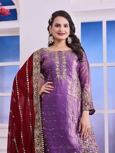 ชุดสلوار คามีซ ผ้าจอร์เจียต์เทียมเนื้อหนา ประดับมุก งานปักแบบดั้งเดิม พร้อมผ้าคลุมไหล่ ปักเลื่อม งานหนัก แห้งเร็ว เหมาะสำหรับงานแต่งงาน - Product Image 4