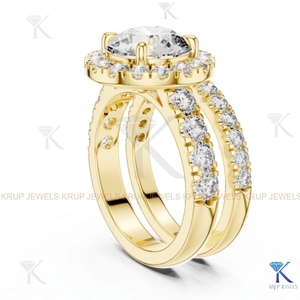 ชุดแหวนแต่งงานและหมั้นเพชร CVD สี E ทรงกลมแบบ Halo ประดับเพชรแบบ Pave จาก KRUP JEWELS ชุบทอง 14K 18K - Product Image 2