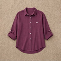 Kemeja Wanita Oversize Kancing Depan Custom Logo, Atasan Longgar Kasual Lengan Tiga Perempat Dapat Dilipat, Bahan Katun Kerah Turn-down
