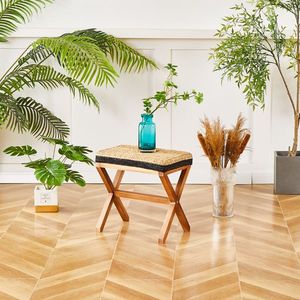 Poggiapiedi Rettangolare in Erba Marina Naturale con Gambe in Legno, Sgabello Intrecciato a Mano per Soggiorno - Product Image 5