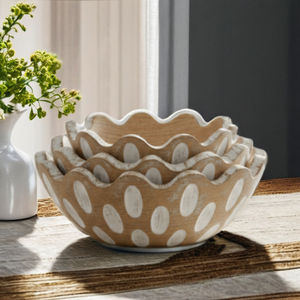 Handmade Durable Scalloped Wood Nesting <b>Bowls</b> Set Rustic <b>White</b> Polka Dot Decorative <b>Serving</b> <b>Bowl</b> Fruit Salad Home Decor - Product Image 3