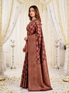AARA Fashion <b>Maroon</b> Silk Floor-Length <b>Saree</b> with Gold Floral Print Sun Protection Traditional Indian Wedding Wear for Women - Product Image 3