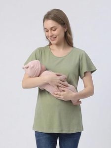 T-shirt de maternité pour femme, manches courtes, col rond, couleur unie, respirant, en coton et fibre de bambou, coupe ample, décontracté, printemps-été - Product Image 5