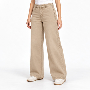 Jeans de Mezclilla de Pierna Ancha y Cintura Media para Mujer, con Bolsillos Laterales, Color Beige Arena, Ajuste Elástico, Tallas Grandes Disponibles - Product Image 3