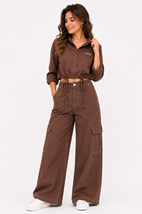 Custom Ladies Cropped Drawstring women's shirt Adjustable Hem Shirt Utility Inspired Casual <b>Top</b> Relaxed Fit Fashion Button Down - Product Image 4