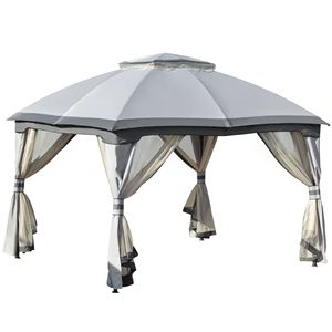 10 X 12 Outdoor Patio Gazebo <b>Canopy</b> Shelter Grey Steel Frame with Double Vented <b>Roof</b> Zippered Mesh Sidewalls - Product Image 1