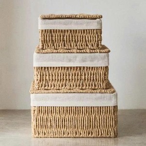 Best Choice Natural Woven Square <b>Storage</b> Basket <b>Box</b> <b>Hinged</b> <b>Lid</b> Liner for Home Hotel Resort Desktop Jewelry Organizer Decor - Product Image 1