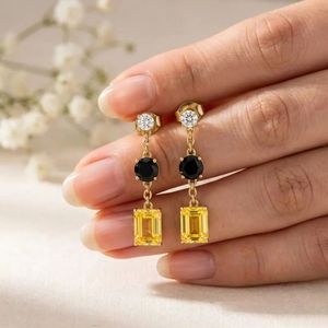 Natural Lemon Quartz Rectangle Cut & <b>Black</b> Obsidian Round Drop Earrings CZ Accent Handmade Gemstone Jewelry Fine Stud Earrings - Product Image 5