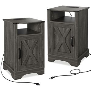 Farmhouse-Style Rustic Wooden Nightstand <b>Tall</b> Bedside <b>Table</b> with Electrical Outlets and Charging Station 2 Sets - Product Image 3