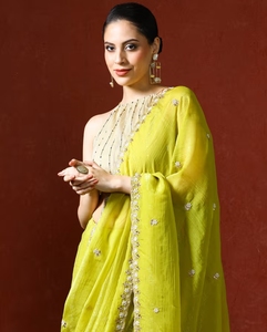 KV Green Embellished <b>Satin</b> Silk Beads and Stones <b>Saree</b> With Unstitched Blouse - Product Image 1