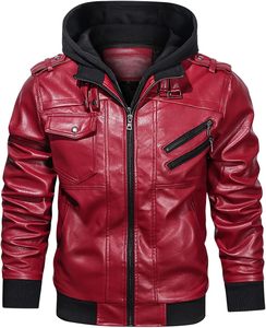 Men <b>Red</b> PU Leather Moto Biker <b>Jacket</b> Hooded Zipper Front Solid Color Autumn Slim Fit Regular Sleeve - Product Image 1