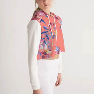 Lovely Floral Crop Top Hoodie for Women Flower Print Hooded Sweatshirt <b>White</b> Sleeve Pullover Casual Gym Fashion <b>Short</b> Top New - Product Image 3