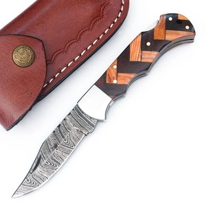 Cuchillo Plegable de Acero Damasco Nordic Forge con Mango de Madera de Olivo y Palisandro, Funda, para Bolsillo, EDC, Caza, Camping, Grado Industrial - Product Image 1