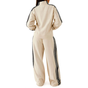 Y2K Women Customizable Two Piece Track Suit Zip Up <b>Jacket</b> and Wide Leg Pants Soft Fleece Wear with Side Stripe Hoodies USA - Product Image 2