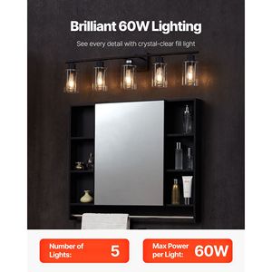Moderna Lampada da Bagno a 5 Luci 60W, Illuminazione da Parete 37,1 Pollici con Paralume in Vetro Trasparente Sopra lo Specchio, Apparecchi di Illuminazione Moderni - Product Image 2