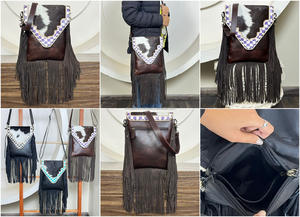 Sac bandoulière en cuir à franges à carreaux fait main, best-seller, style vintage western bohème, en cuir de vache à poils, pour femmes - Product Image 3