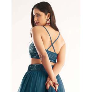 Cocktail Dress Teal Blue Georgette Party Lehenga with <b>Sequins</b> Choli - Product Image 3