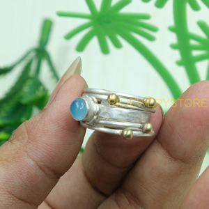 Bague en calcédoine bleue, argent sterling 925 et laiton, faite à la main, pierre précieuse en calcédoine naturelle, bijoux bohèmes vintage, cadeau pour elle - Product Image 5