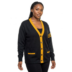 <b>Women's</b> <b>Black</b> Knitted <b>Cardigan</b> with Yellow Trim V-Neck Long Sleeve Casual Double Breasted Regular Fit Winter Quick Dry Vintage - Product Image 1
