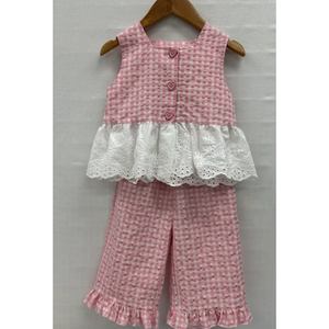 Ensemble de vêtements pour enfants de style coréen OZKIZ, à carreaux, 100% coton respirant pour filles de 2 à 6 ans, vente en gros de mode estivale pour enfants - Product Image 1
