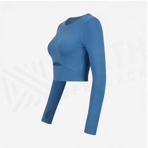 <b>Blue</b> Long Sleeve <b>Crop</b> <b>Top</b> Scoop Neck Cut-Out Design Solid Color Breathable Yoga Wear Women's Activewear - Product Image 3