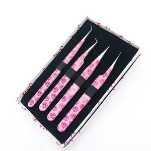 <b>Pink</b> Skull Pattern Eyelash Tweezers <b>Set</b> Stainless Steel Precision <b>Tools</b> in Box Packaging - Product Image 1